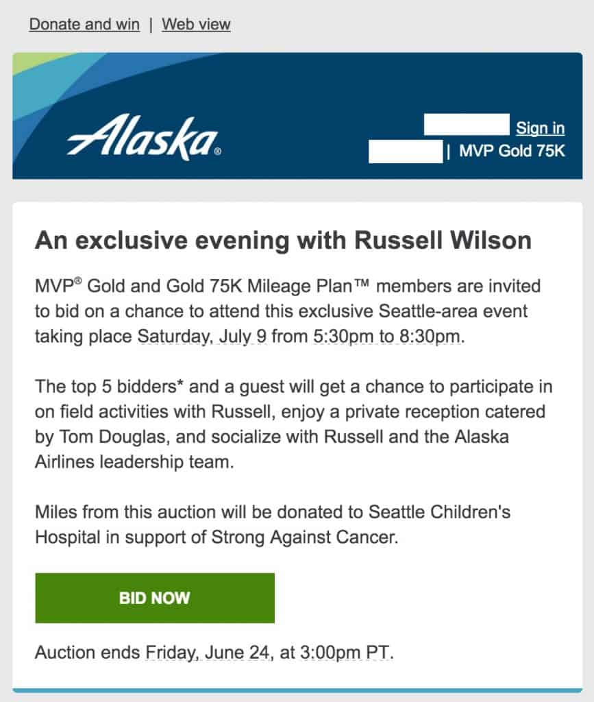 Alaska Airlines Russell Wilson Auction